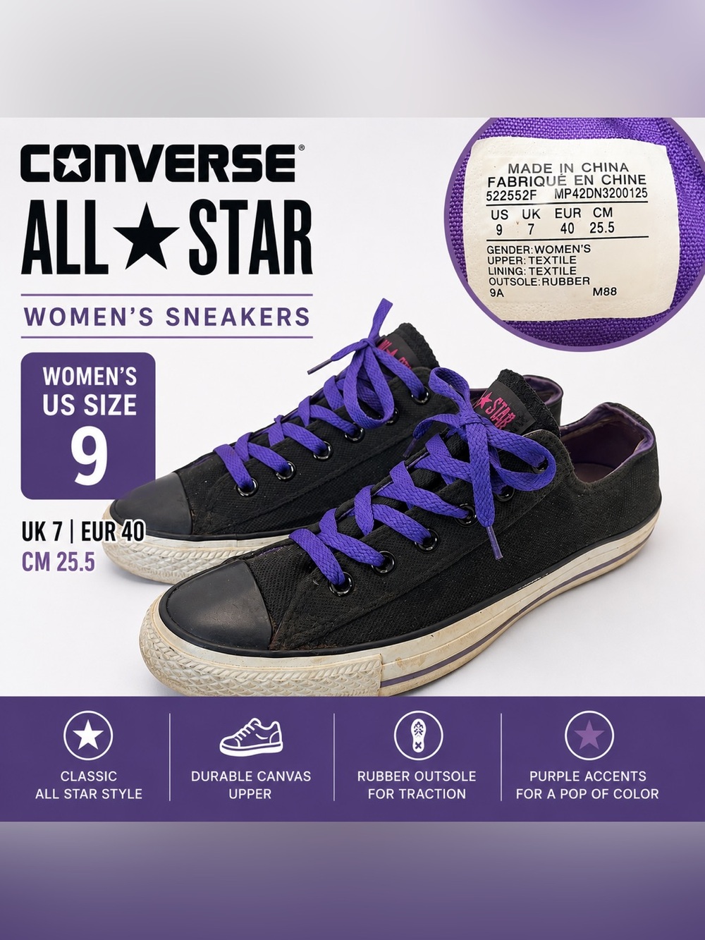 Converse All Star Low Top Sneakers Black Purple Women’s Size 7 Canvas Lace-Up